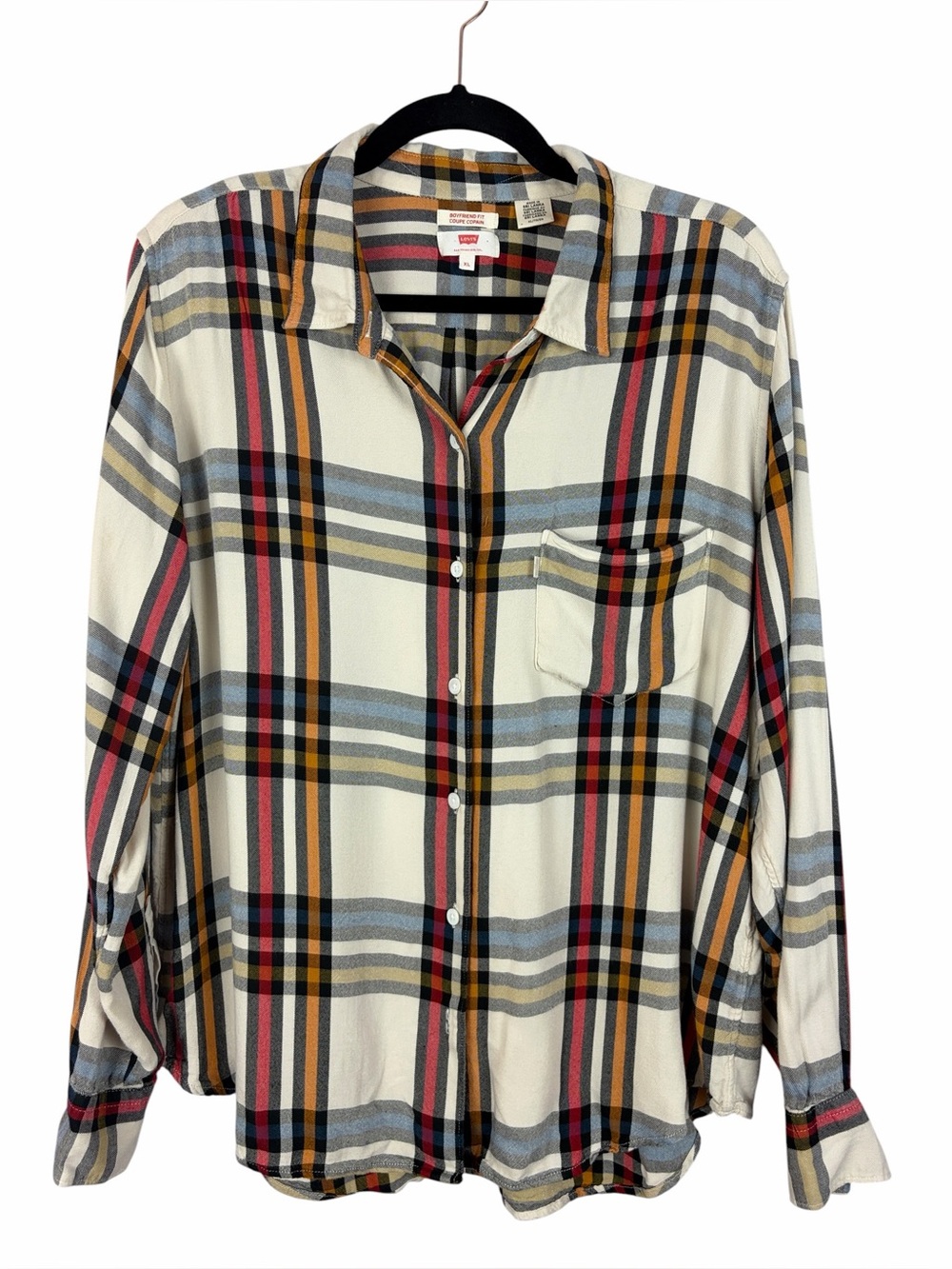 Levi’s Boyfriend Fit Plaid Button Front Blouse XL Cream Multicolor Viscose Shirt